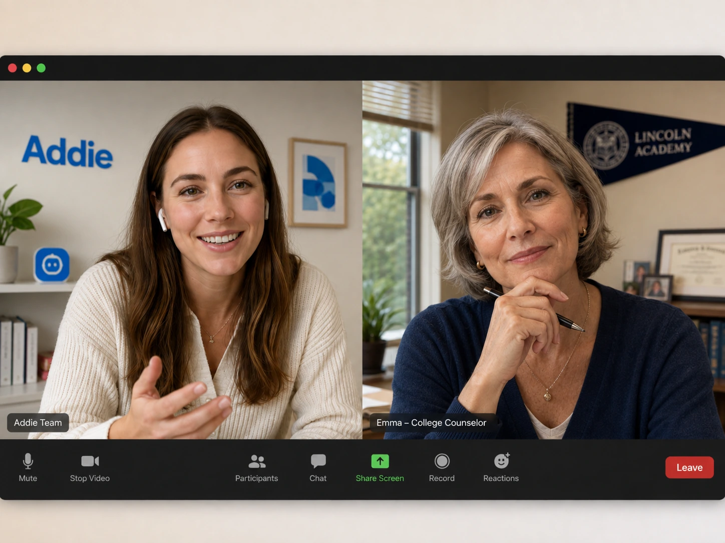 Addie team member guiding an experienced college counselor through configuration on a video call