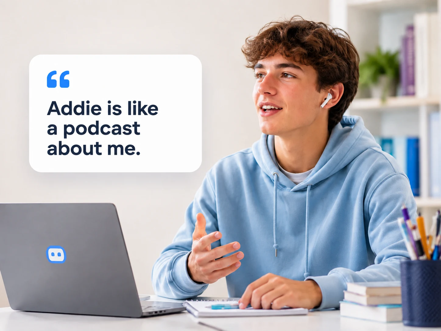 High-school student speaking with earbuds during an Addie voice reflection